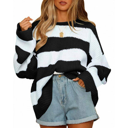 Maisie - Women’s warm striped rib knit crew neck jumper with drop shoulder