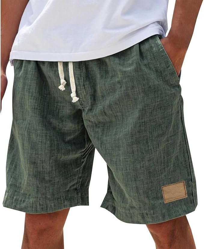 Marcus - Men's Casual Linen Shorts with Drawstring and Leather Patch
