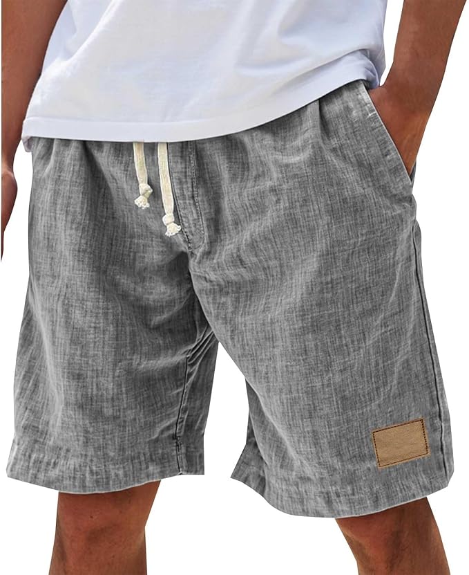Marcus - Men's Casual Linen Shorts with Drawstring and Leather Patch