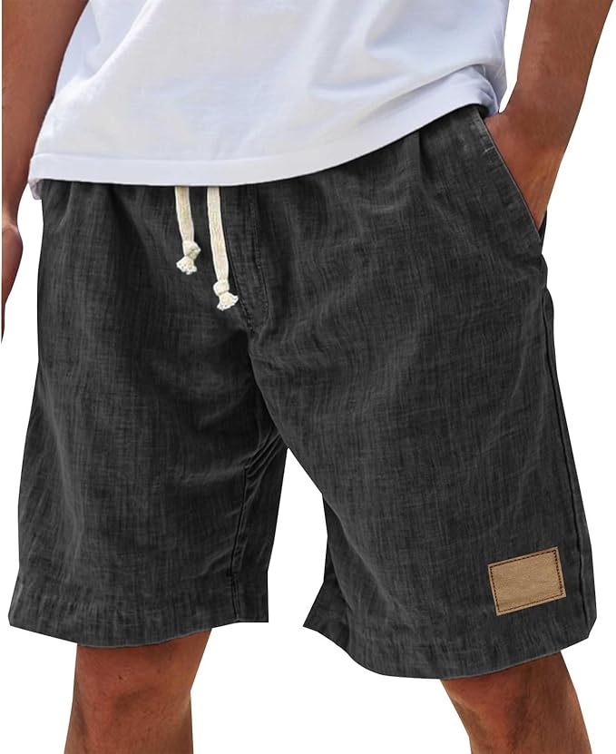 Marcus - Men's Casual Linen Shorts with Drawstring and Leather Patch