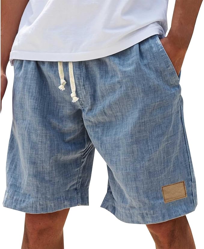 Marcus - Men's Casual Linen Shorts with Drawstring and Leather Patch