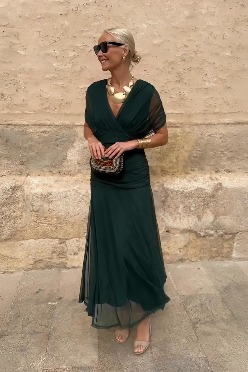 Margot - Elegant Women's Wedding Guest Maxi Dress with Wrap V Neck and Sheer Overlay Skirt