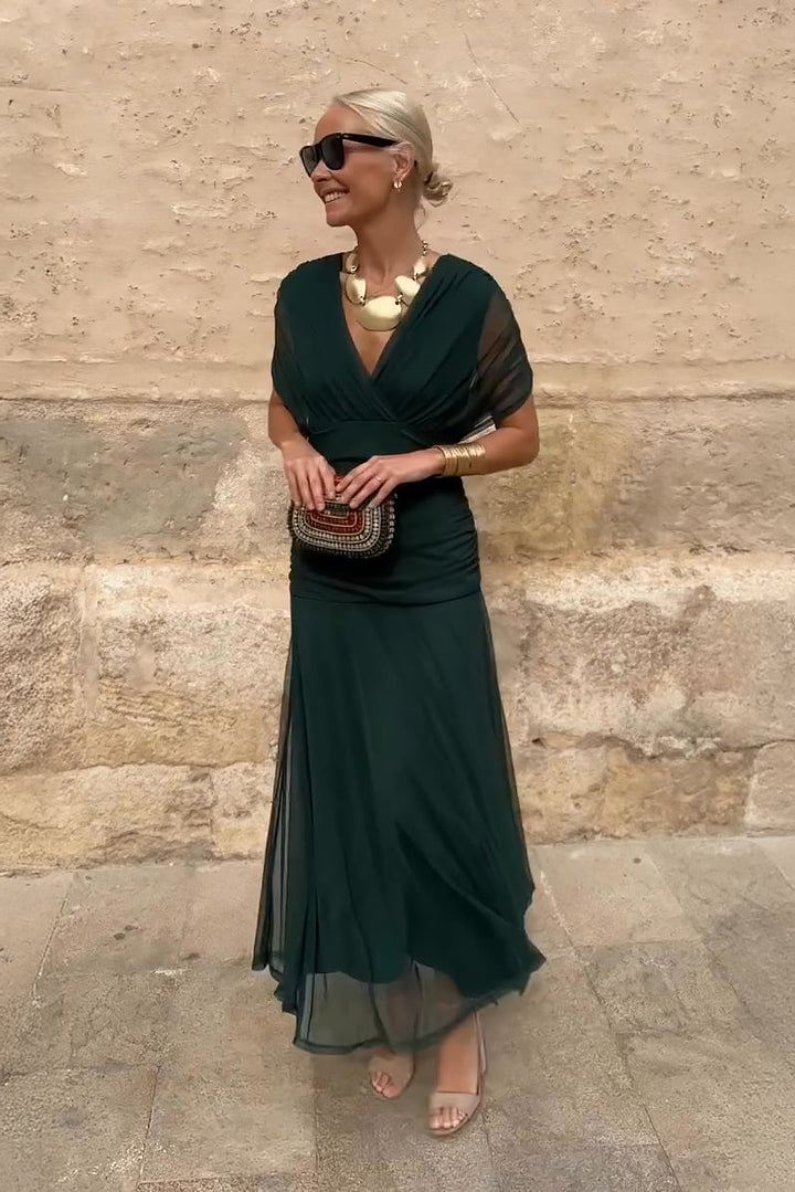 Margot - Elegant Women's Wedding Guest Maxi Dress with Wrap V Neck and Sheer Overlay Skirt