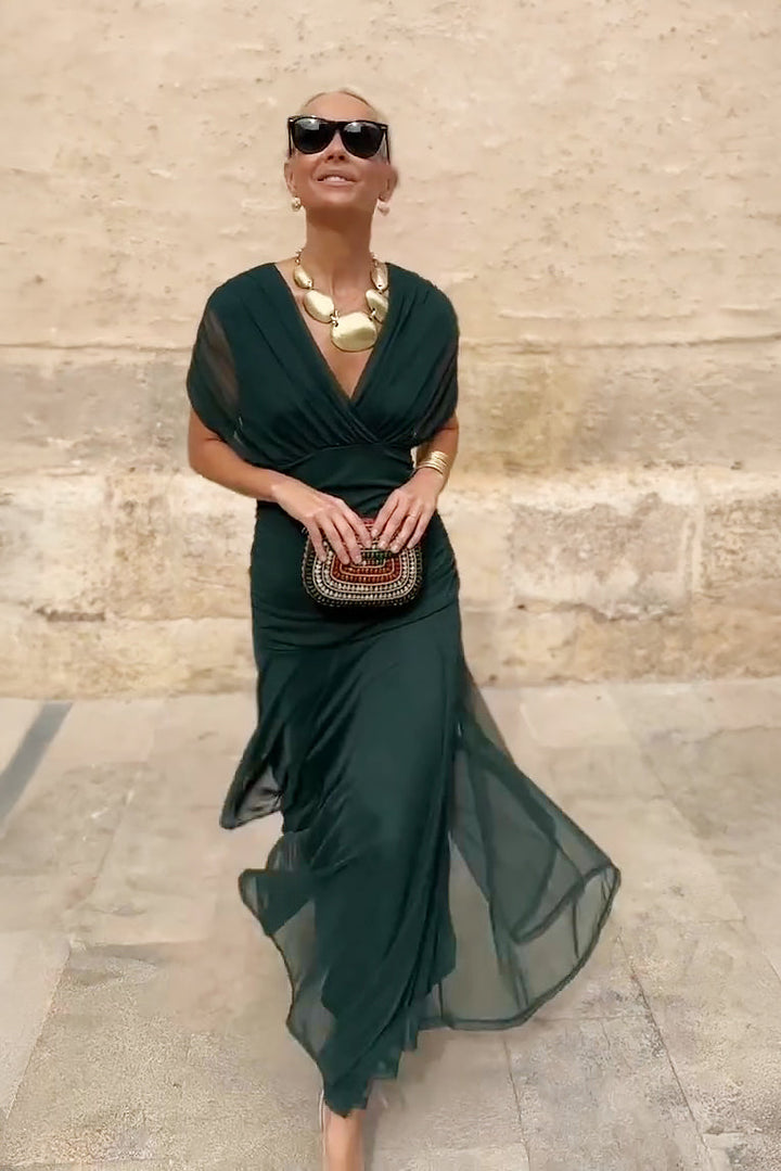 Margot - Elegant Women's Wedding Guest Maxi Dress with Wrap V Neck and Sheer Overlay Skirt