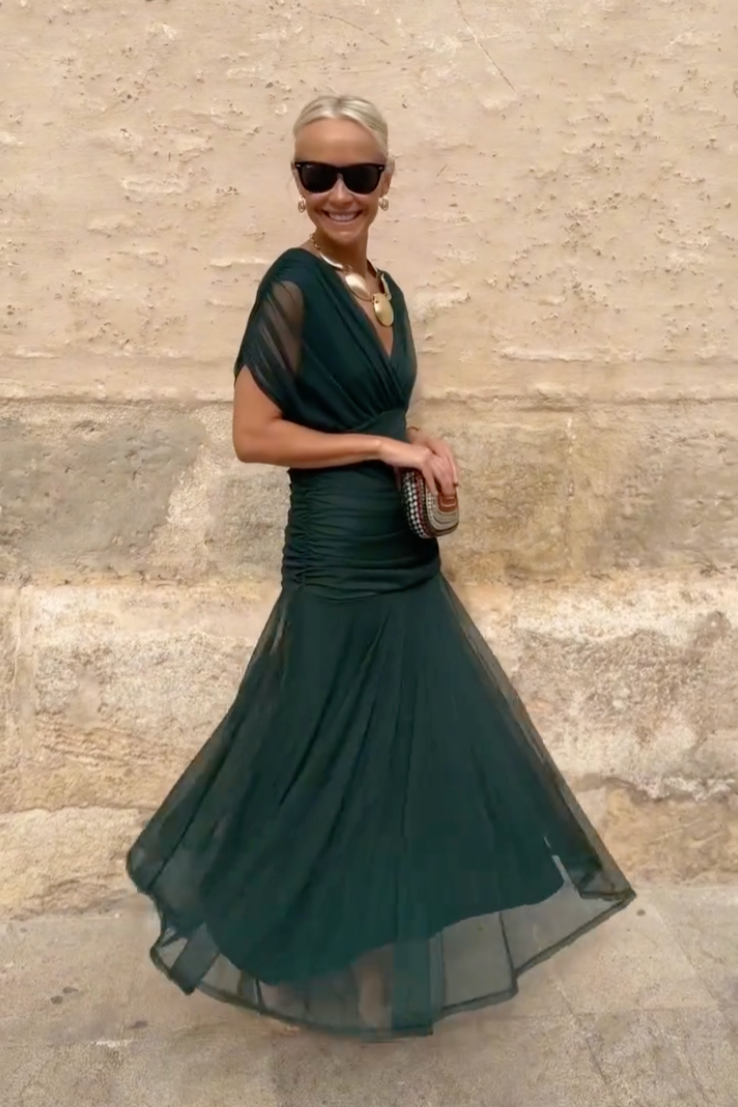 Margot - Elegant Women's Wedding Guest Maxi Dress with Wrap V Neck and Sheer Overlay Skirt
