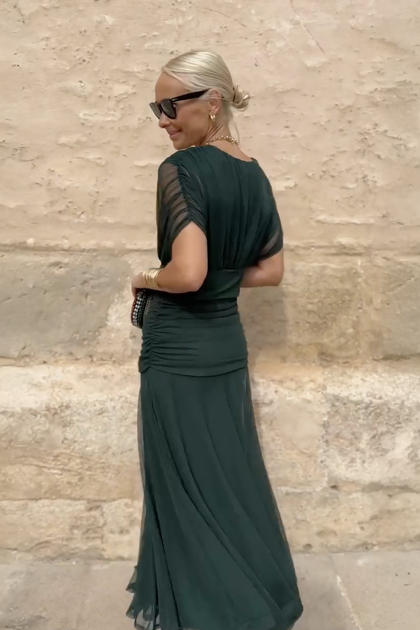 Margot - Elegant Women's Wedding Guest Maxi Dress with Wrap V Neck and Sheer Overlay Skirt