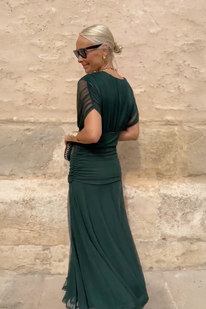 Margot - Elegant Women's Wedding Guest Maxi Dress with Wrap V Neck and Sheer Overlay Skirt
