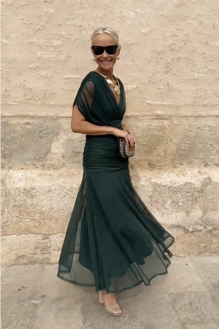 Margot - Elegant Women's Wedding Guest Maxi Dress with Wrap V Neck and Sheer Overlay Skirt