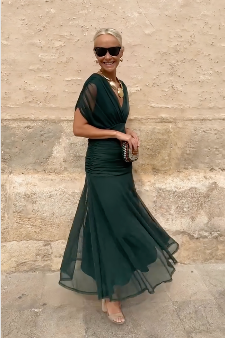 Margot - Elegant Women's Wedding Guest Maxi Dress with Wrap V Neck and Sheer Overlay Skirt