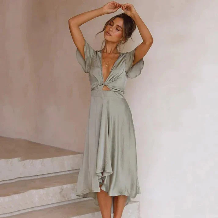 Margot - Flowy Women's Summer Midi Dress with Deep V Neck and Twist Front Detail