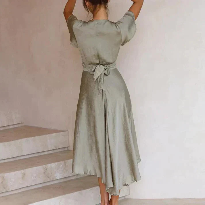 Margot - Flowy Women's Summer Midi Dress with Deep V Neck and Twist Front Detail