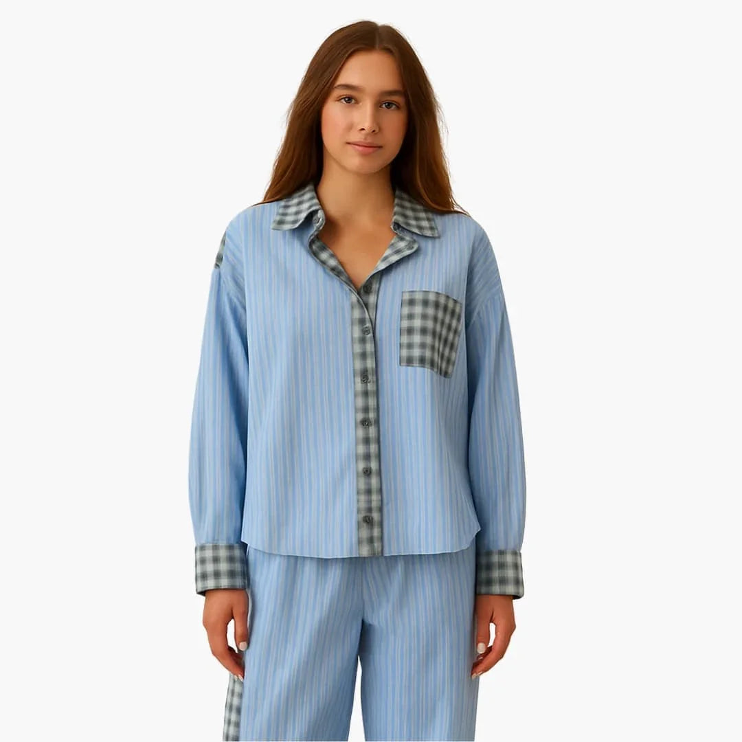 Matilda - Women's long soft checked pyjama set with button front and tie ankle
