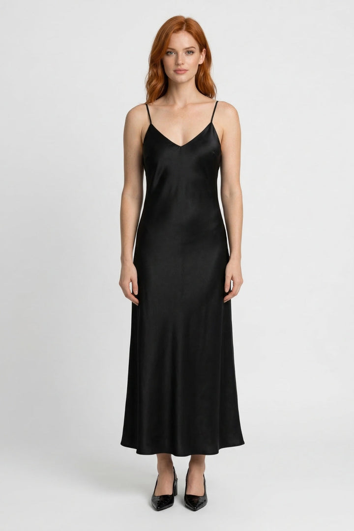 Maxi Dress Women - Slip Dress V-Neck Thin Straps Glossy Finish