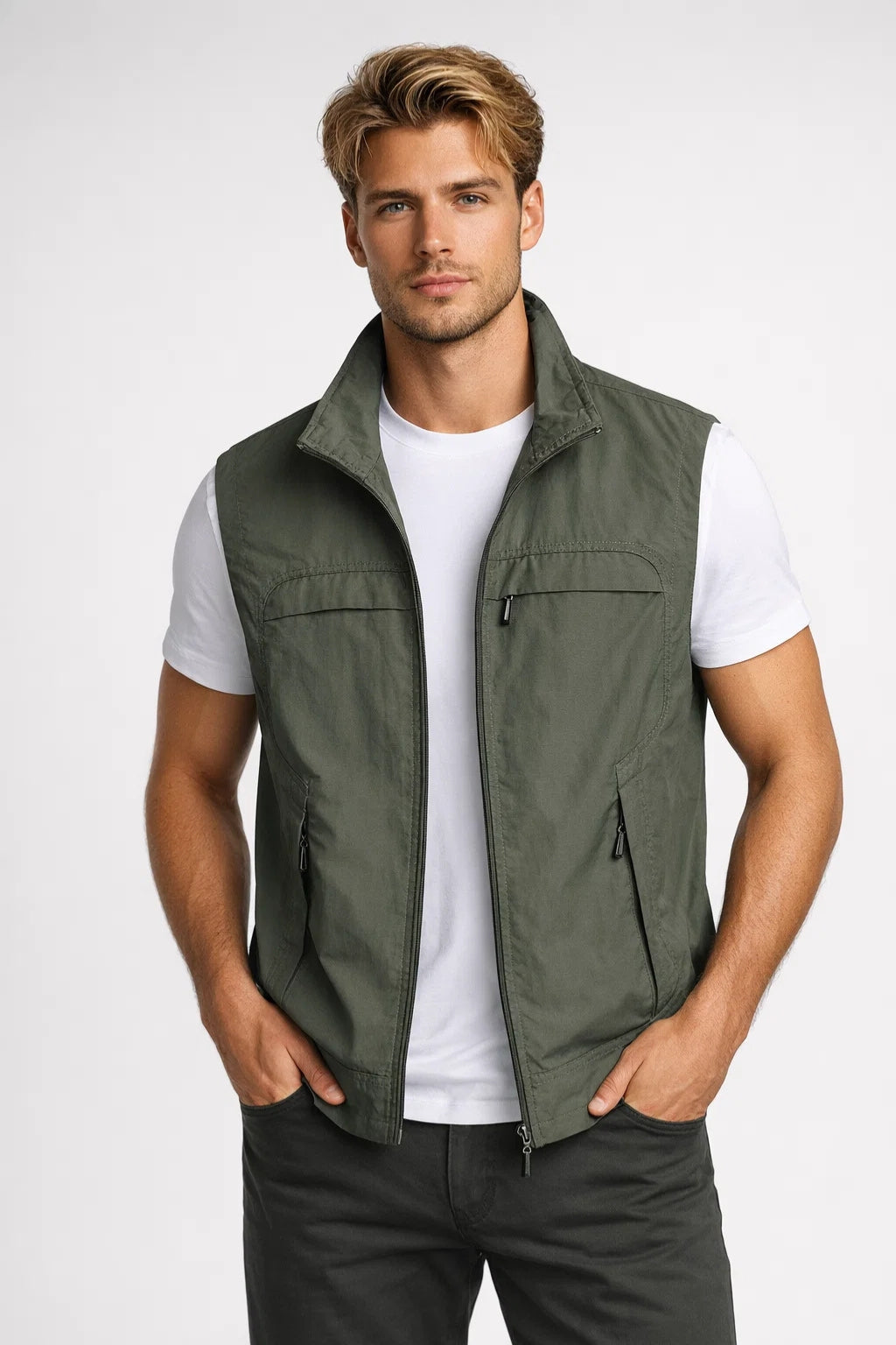 Men's Bodywarmer - Lightweight Multi-Pocket Stand Collar | Casual