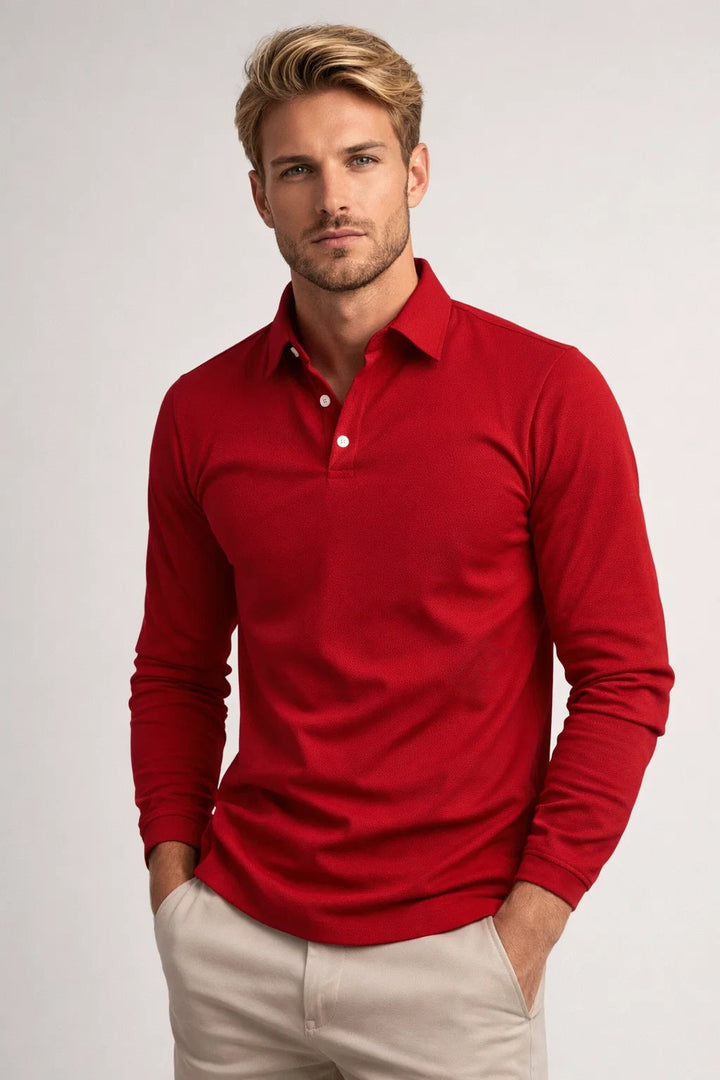 Men's Polo Shirt - Long Sleeve Slim Fit Plain | Smart Casual Classic