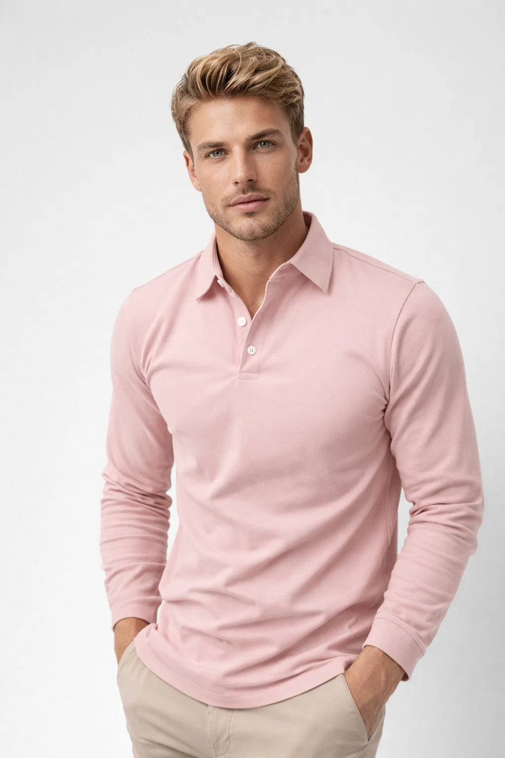 Men's Polo Shirt - Long Sleeve Slim Fit Plain | Smart Casual Classic