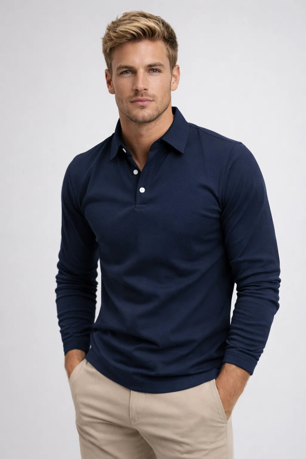 Men's Polo Shirt - Long Sleeve Slim Fit Plain | Smart Casual Classic