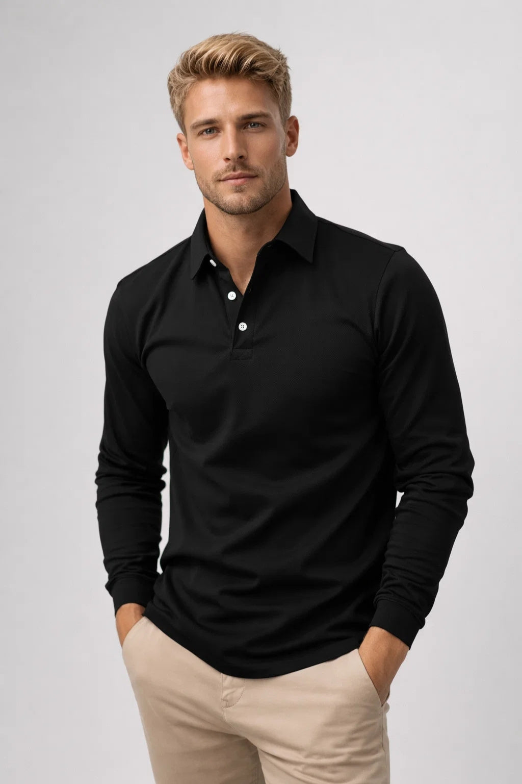 Men's Polo Shirt - Long Sleeve Slim Fit Plain | Smart Casual Classic