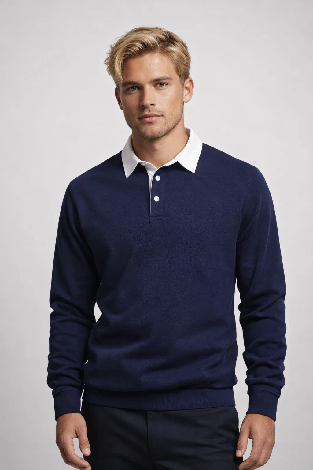 Men's Polo Shirt - Long Sleeve Rugby Style Contrast Collar | Classic