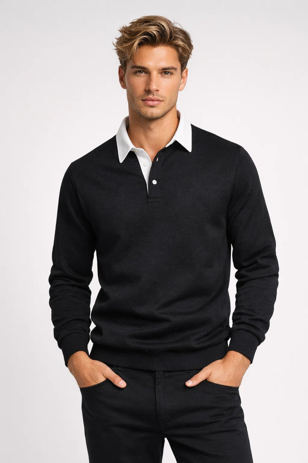 Men's Polo Shirt - Long Sleeve Rugby Style Contrast Collar | Classic
