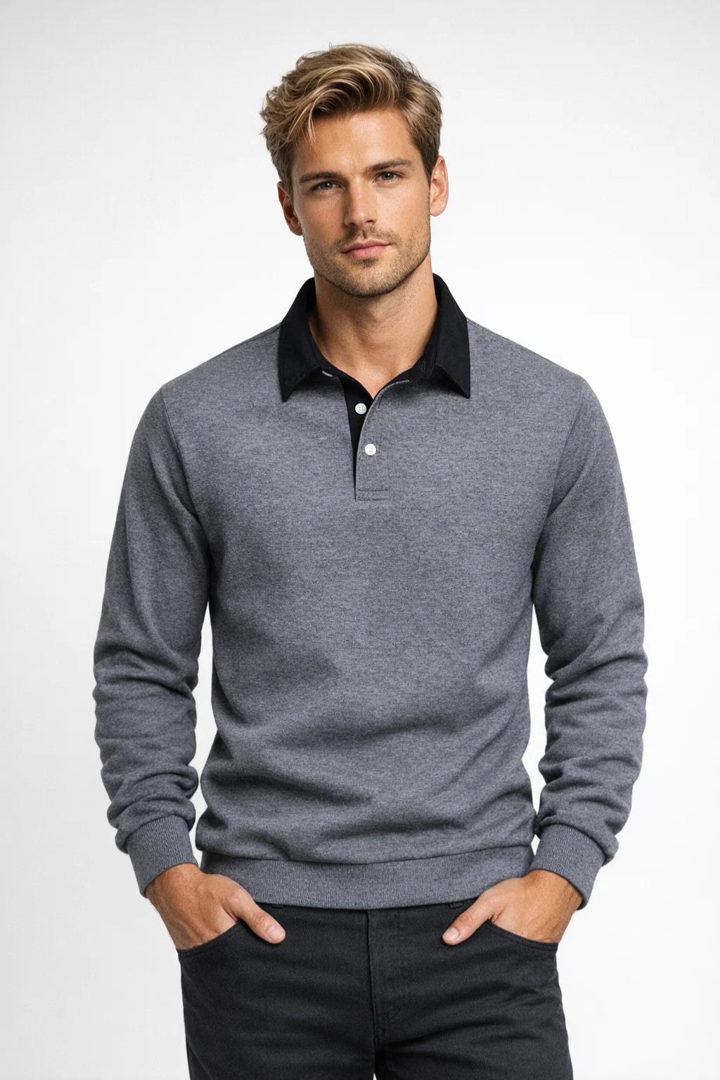 Men's Polo Shirt - Long Sleeve Rugby Style Contrast Collar | Classic
