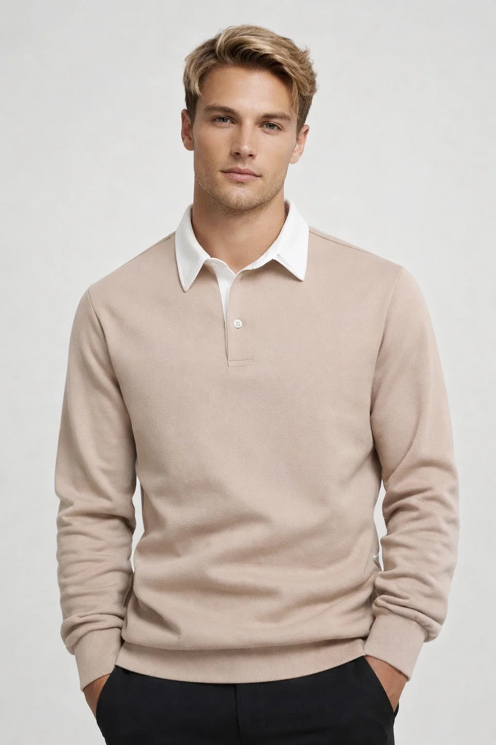 Men's Polo Shirt - Long Sleeve Rugby Style Contrast Collar | Classic