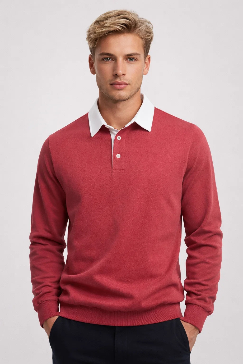 Men's Polo Shirt - Long Sleeve Rugby Style Contrast Collar | Classic