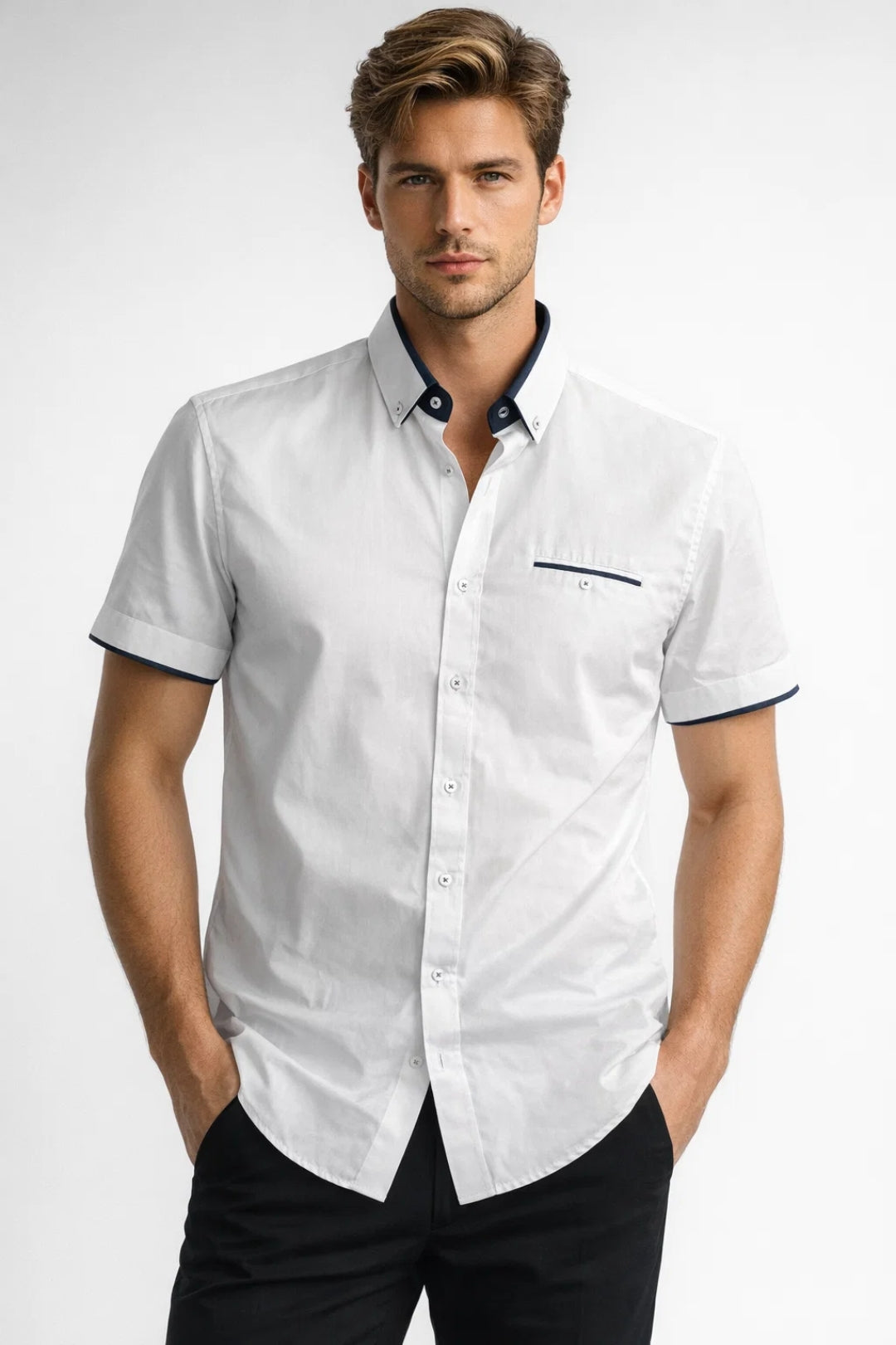 Men's Shirt - Short Sleeve Slim Fit with Contrast Collar Trim | Smart