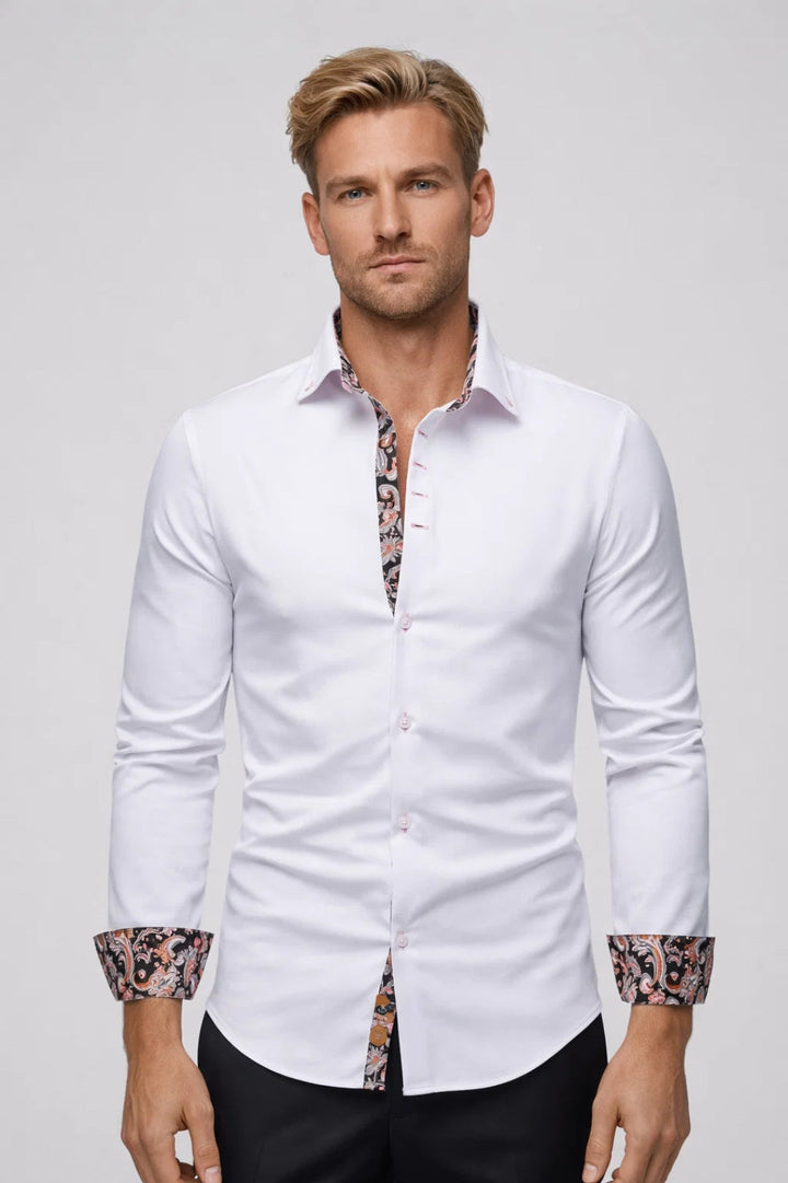Men's Shirt - Slim Fit Plain with Contrast Paisley Inner | Elegant