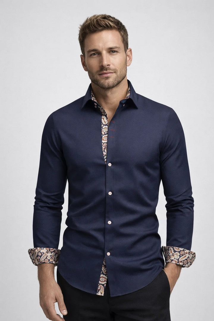 Men's Shirt - Slim Fit Plain with Contrast Paisley Inner | Elegant