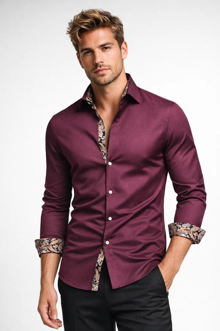 Men's Shirt - Slim Fit Plain with Contrast Paisley Inner | Elegant