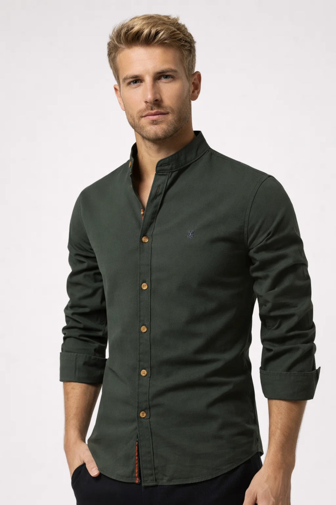 Men's Shirt - Slim Fit Grandad Collar Long Sleeve | Smart Casual
