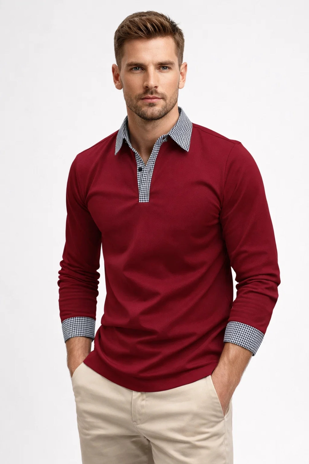 Men's Polo Shirt - Long Sleeve with Contrast Gingham Collar | Classic