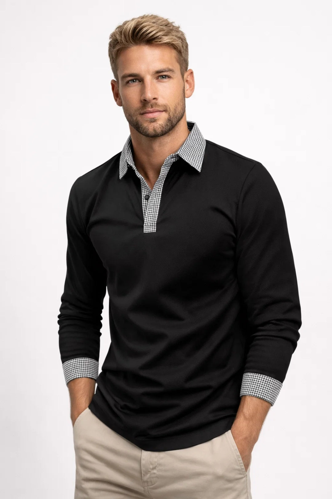 Men's Polo Shirt - Long Sleeve with Contrast Gingham Collar | Classic
