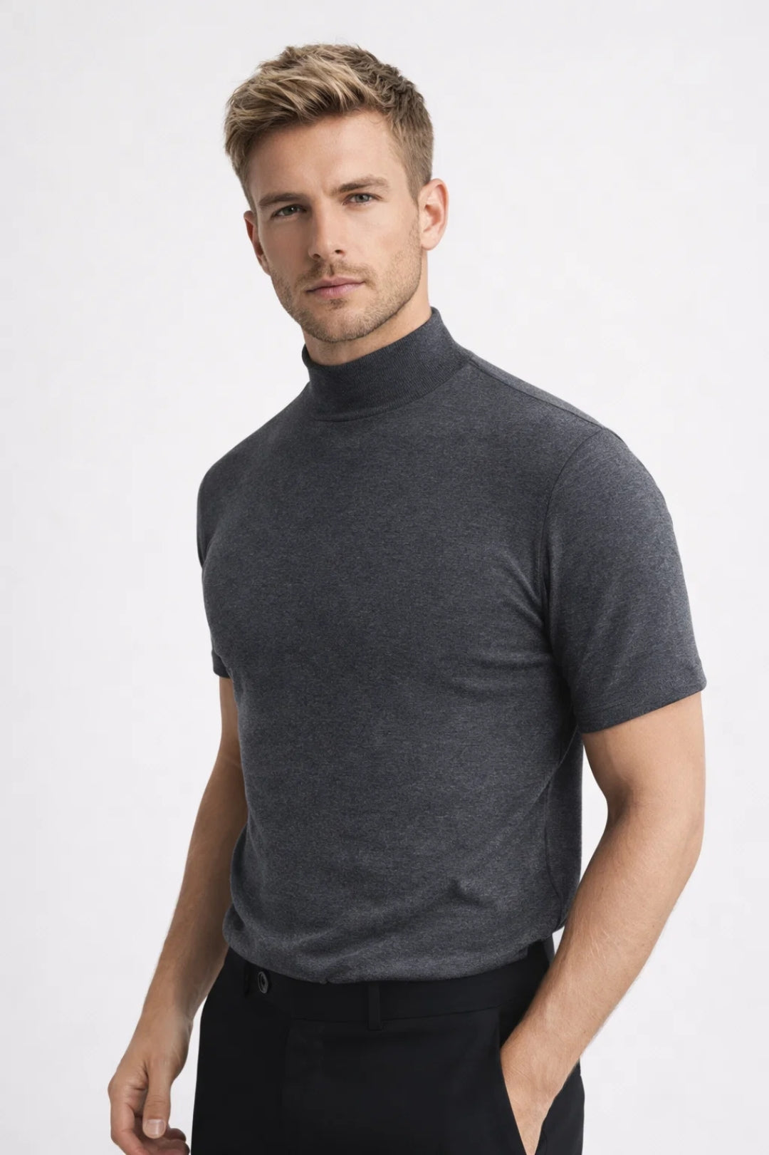 Men's T-Shirt - Slim Fit Mock Neck Short Sleeve Knit | Smart Casual
