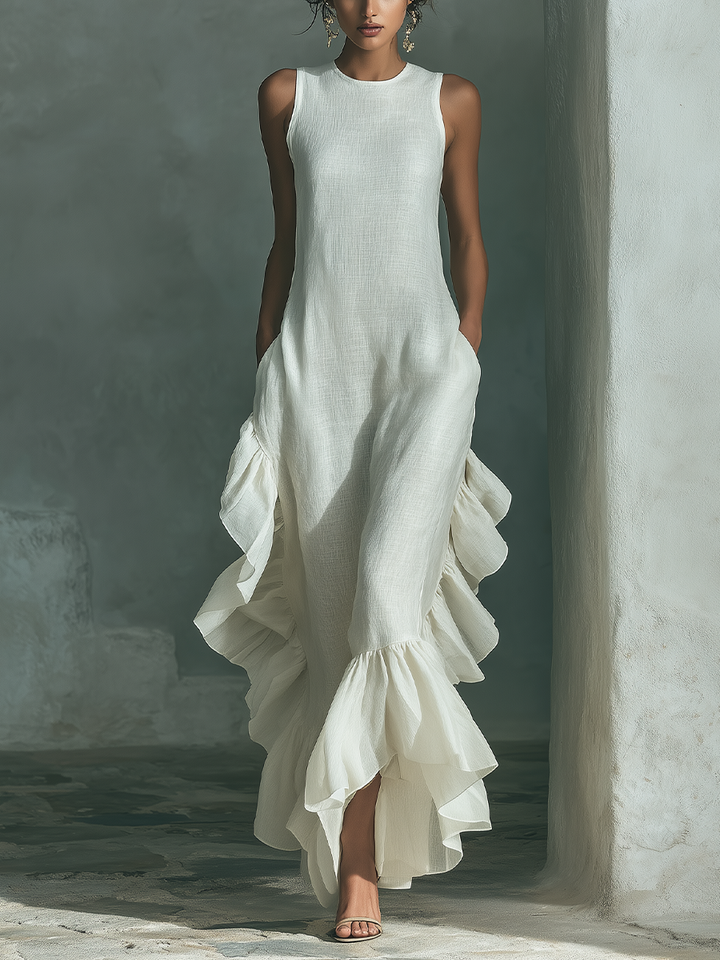 Mia - Glam Women's Linen Maxi Dress with Round Neckline and Ruffle Hem