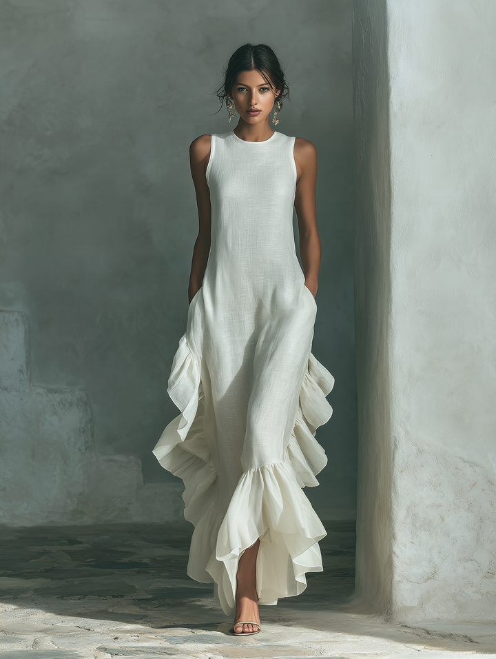 Mia - Glam Women's Linen Maxi Dress with Round Neckline and Ruffle Hem