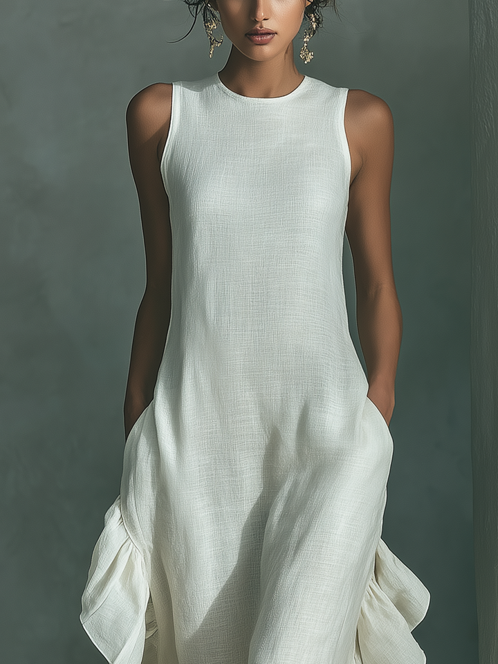 Mia - Glam Women's Linen Maxi Dress with Round Neckline and Ruffle Hem
