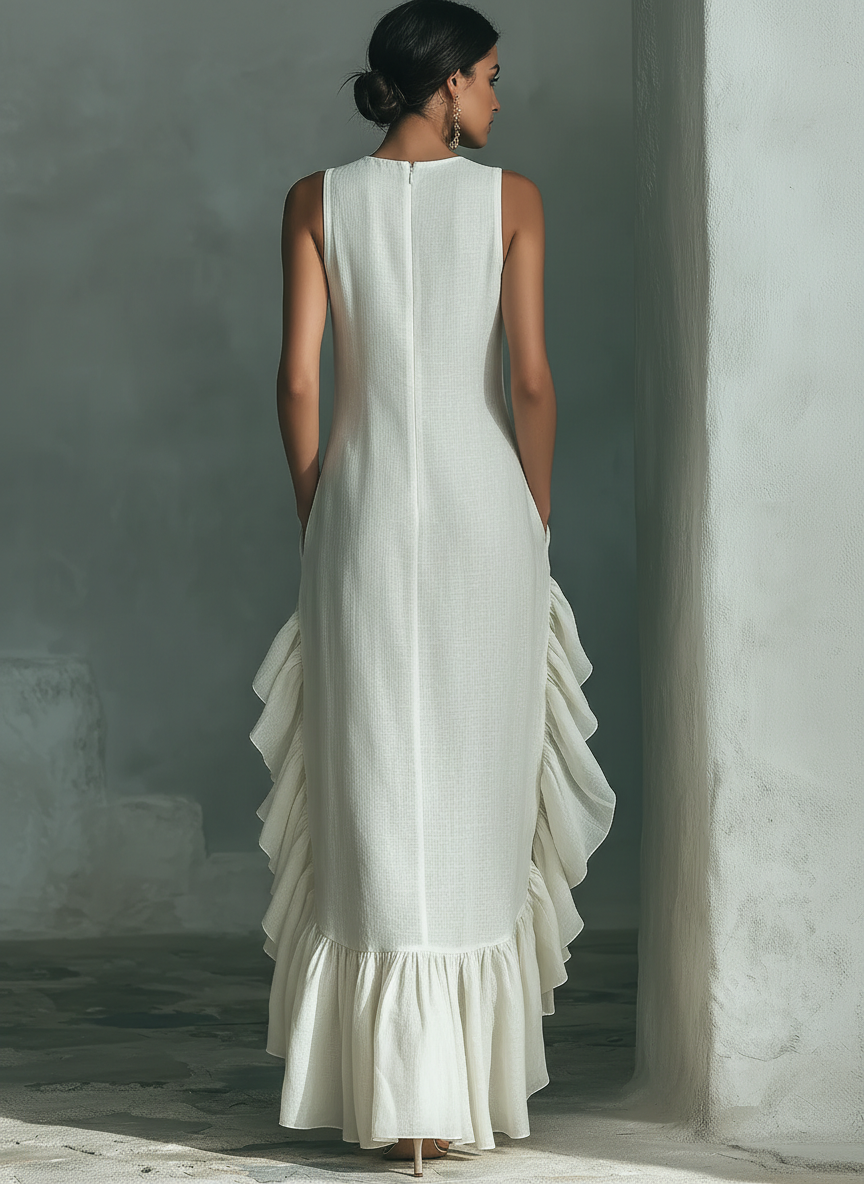 Mia - Glam Women's Linen Maxi Dress with Round Neckline and Ruffle Hem