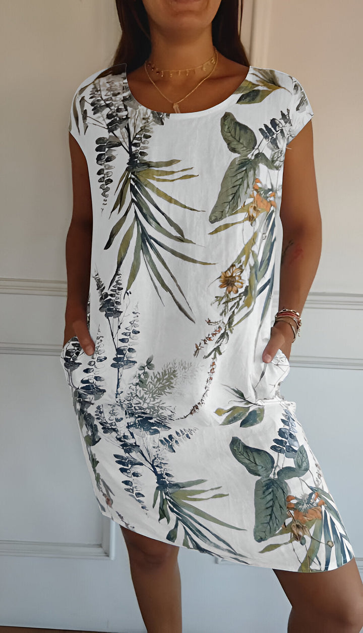 Mia - Relaxed Women's Summer Mini Dress with Round Neck and Side Pockets