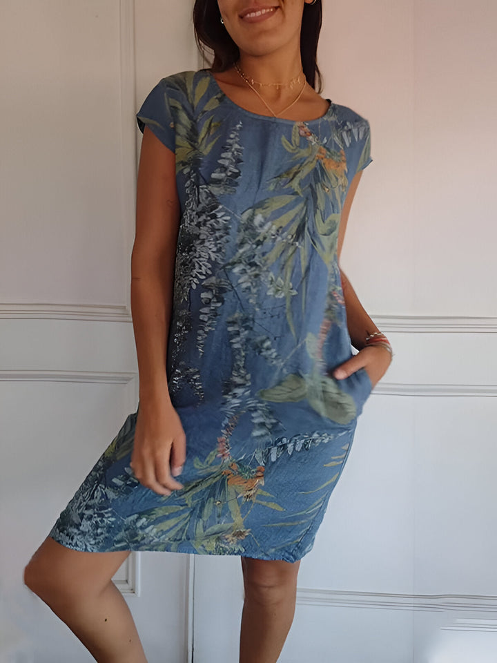 Mia - Relaxed Women's Summer Mini Dress with Round Neck and Side Pockets