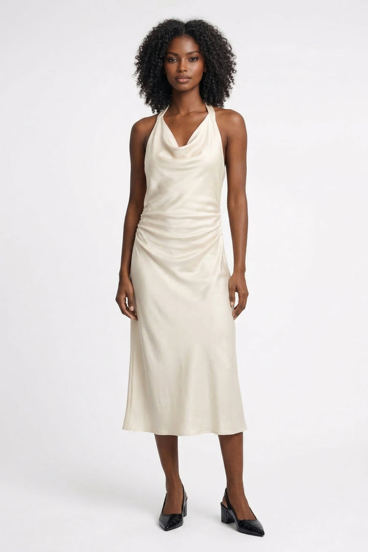 Midi Dress Women - Halter Cowl Neck Ruched Side Open Back | Elegant