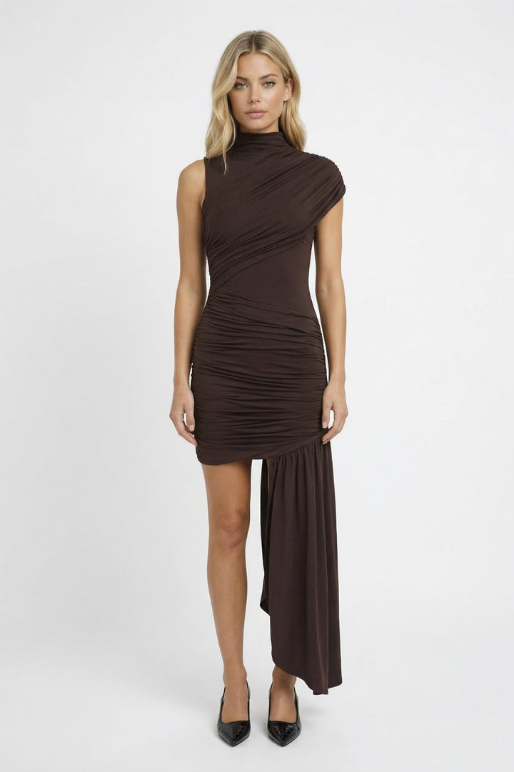 Mini Dress Women - Bodycon Mock Neck Ruched Asymmetric Hem | Elegant