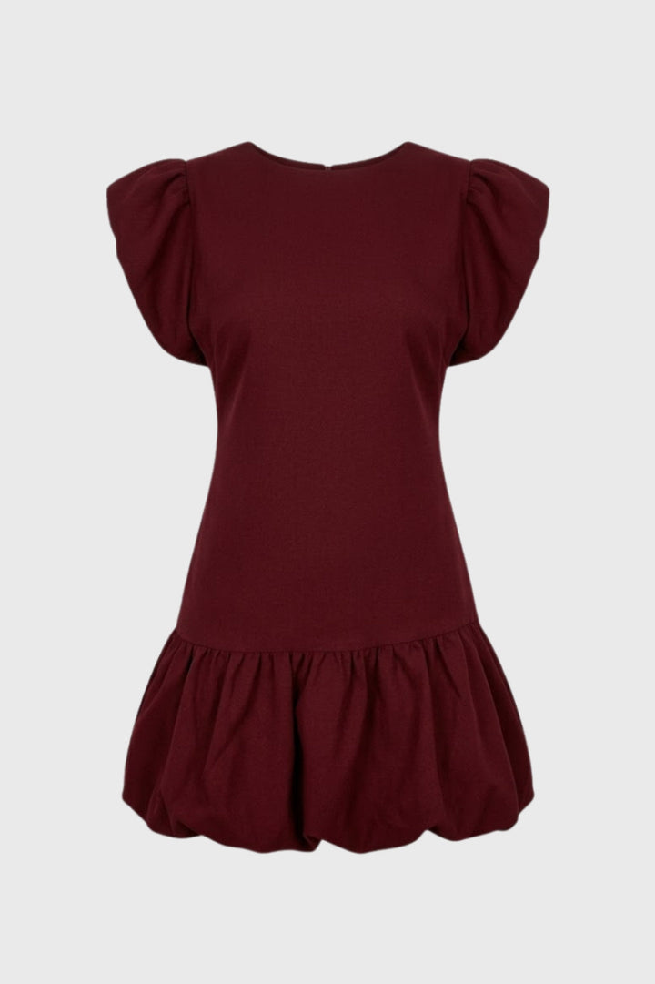 Mini Dress Women - Fitted Round Neck Volume Sleeves Bubble Hem