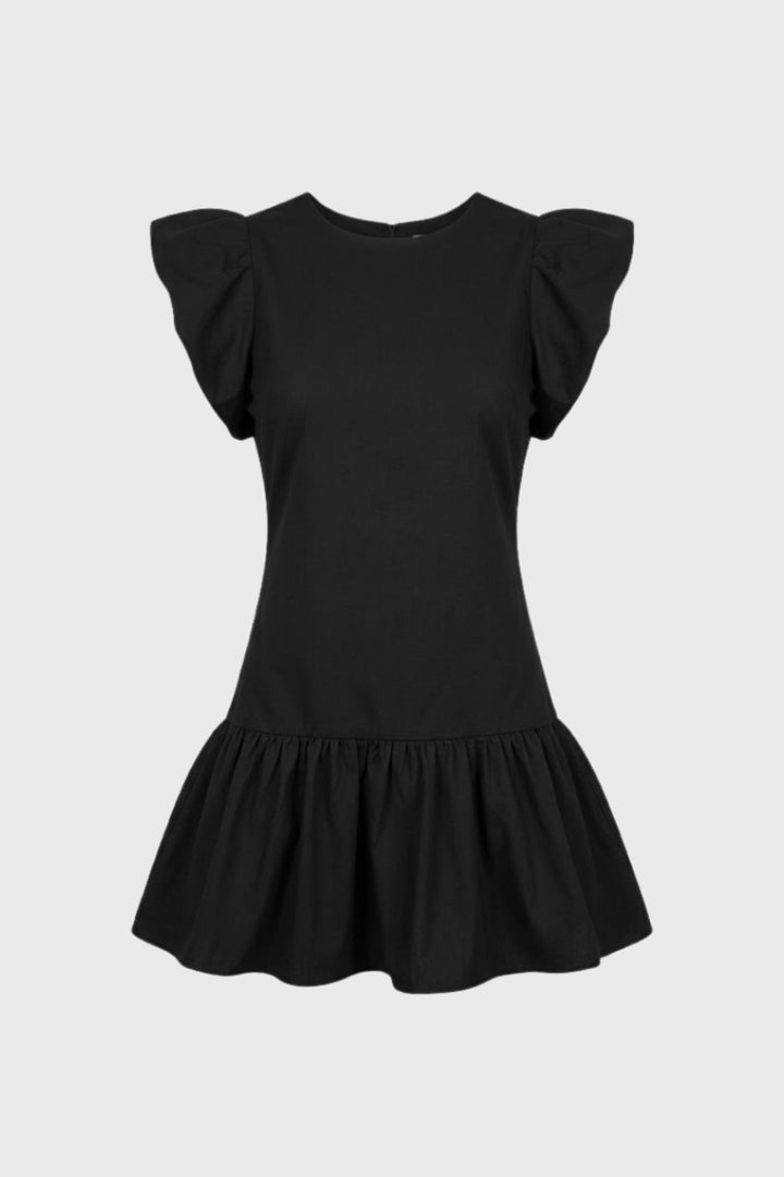 Mini Dress Women - Fitted Round Neck Volume Sleeves Bubble Hem