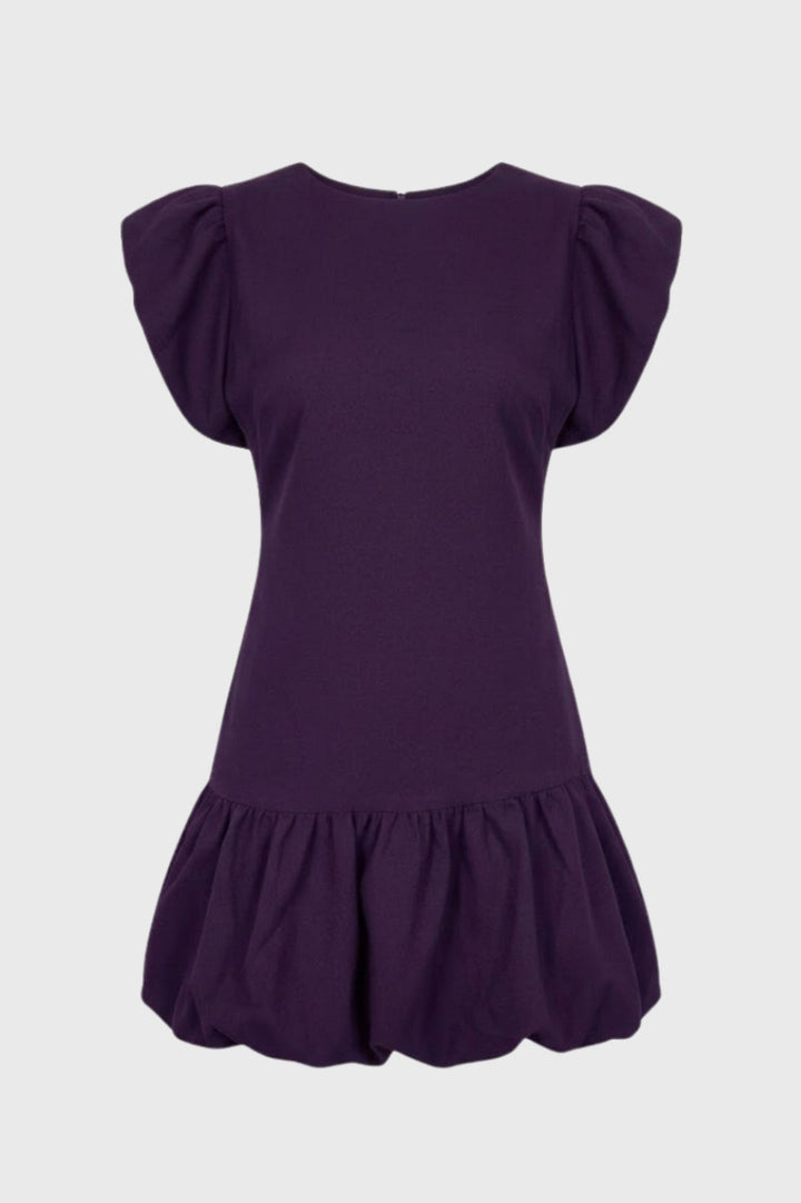 Mini Dress Women - Fitted Round Neck Volume Sleeves Bubble Hem