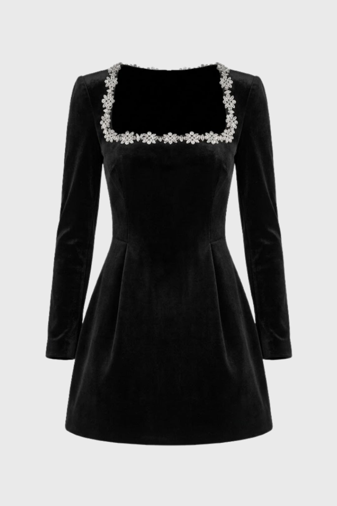 Mini Dress Women - Long Sleeve Square Neck Crystal Trim | Party