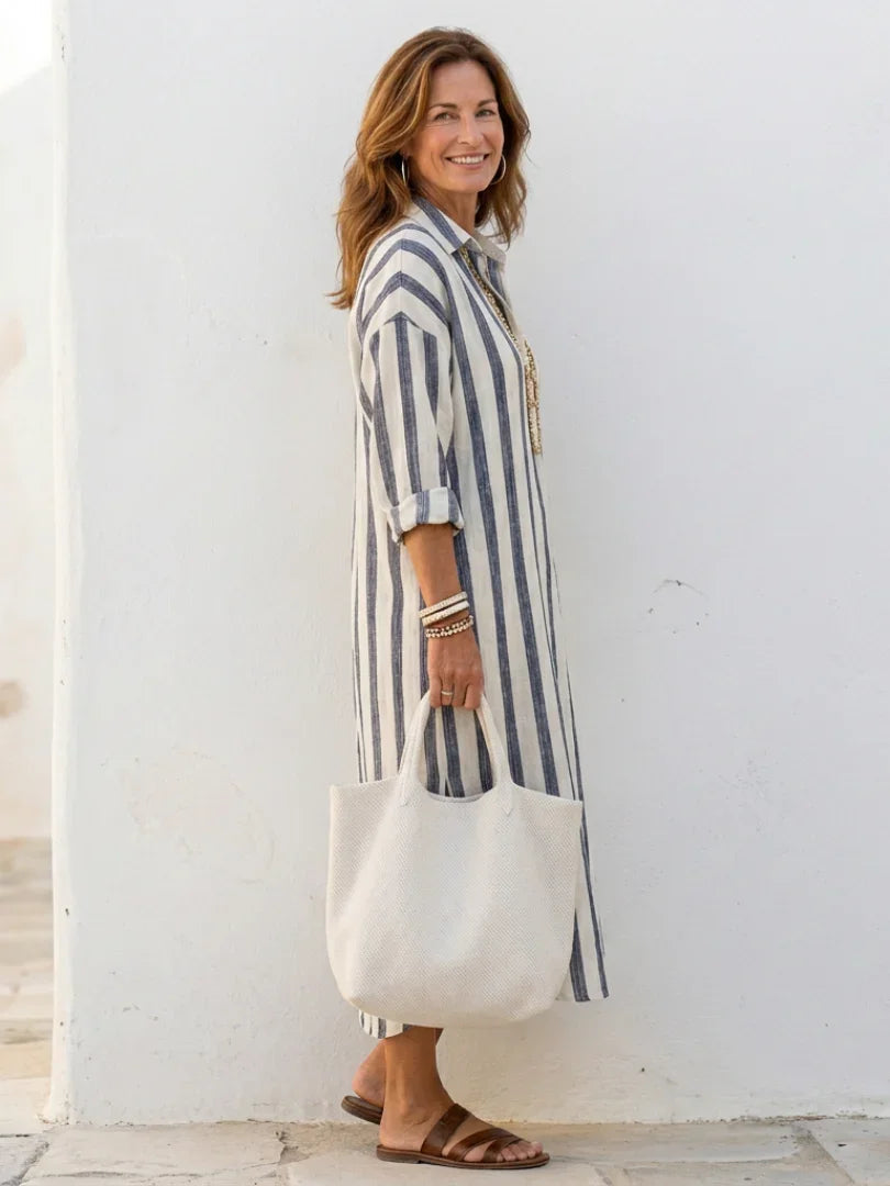 Naomi - Boho Women's Linen Dress with Oversized Collar and Roll Up Sleeves