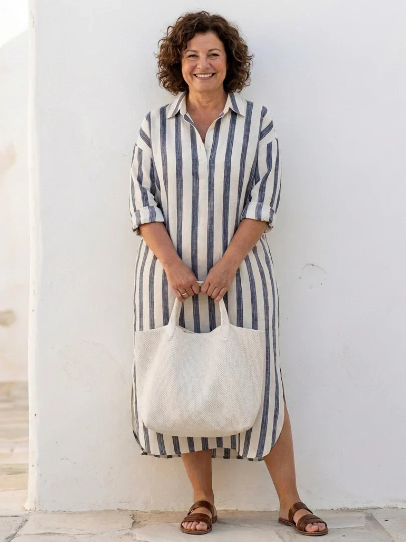 Naomi - Boho Women's Linen Dress with Oversized Collar and Roll Up Sleeves