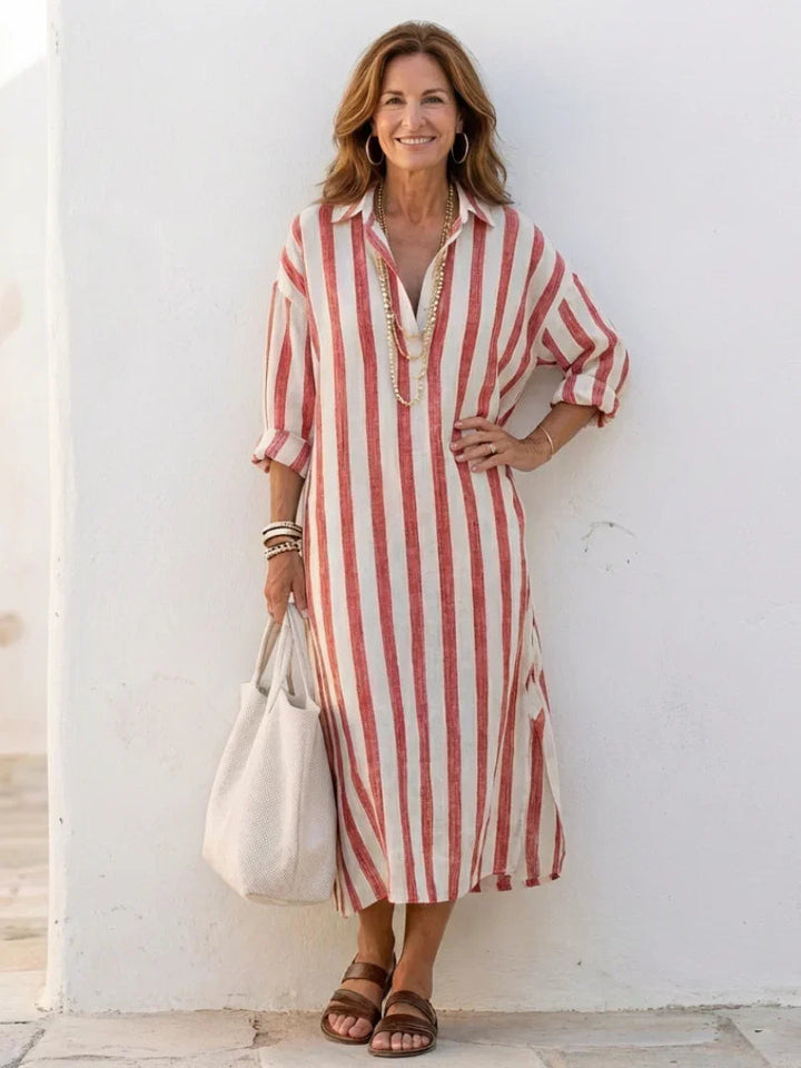 Naomi - Boho Women's Linen Dress with Oversized Collar and Roll Up Sleeves